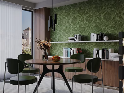 Modern Round Dining Table Set With Four Green Chairs Bookshelf And Decorative Items 3d model