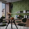 Modern Round Dining Table Set With Four Green Chairs Bookshelf And Decorative Items
