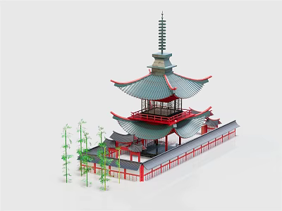 Traditional Asian Pagoda With Multi Tiered Green Roof And Red Railings Near Bamboo Plants 3d model