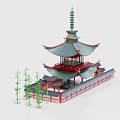 Traditional Asian Pagoda With Multi Tiered Green Roof And Red Railings Near Bamboo Plants