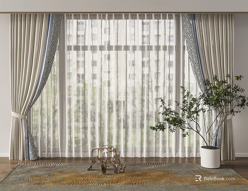 Beige Curtains with Blue Accents and Light Sheer Panels for Window Decoration with Indoor Plant 3d model 
