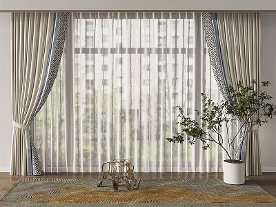 Beige Curtains with Blue Accents and Light Sheer Panels for Window Decoration with Indoor Plant 3d model