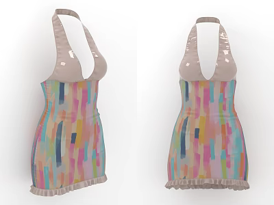 Stylish Women's Halter Neck Dress With Colorful Stripes And Fringe Hem 3d model