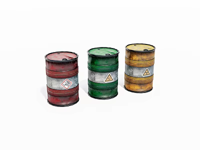 Colored Industrial Drums With Hazard Symbols In Red Green And Yellow 3d model