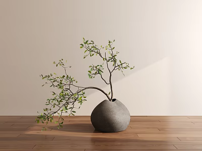 Bonsai Plant with Stretching Branches in Gray Round Pot on Wooden Floor Light Colored Wall 3d model