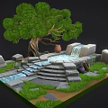 Cartoon Scene Featuring Large Tree Waterfall Stone Steps Clay Pots And Pool 3d model