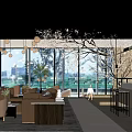 Modern Lounge Area Interior with Sofas Armchairs Coffee Tables Pendant Lights and Potted Plants