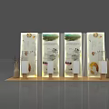 Various Retail Display Units in Blue Beige Wooden Designs with Products and Bottles