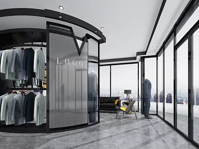 Modern Clothing Store With Curved Display Racks Stylish Apparel Large Windows City View Yellow Chair 3d model