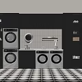 Modern Laundry Room With White Washing Machines Black Cabinets And Checkerboard Floor