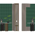 Green Textured Wall Interior with Wooden Metal Accents Potted Plants and Figurines