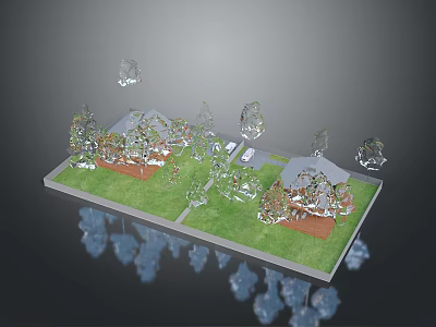 Natural Scene Model With Green Grass Trees And Floating Crystal Elements 3d model