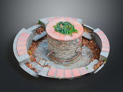 Rustic Stone Well Structure With Circular Red Gray Brick Border And Green Plants On Top 3d model