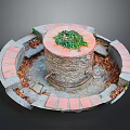 Rustic Stone Well Structure With Circular Red Gray Brick Border And Green Plants On Top