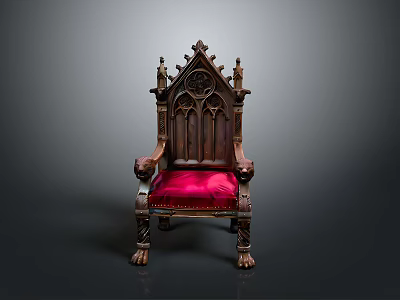 Gothic Style Chair With Ornate Carvings Red Velvet Seat And Decorative Armrests 3d model