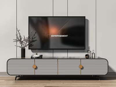 Modern TV Stand Striped Design With Golden Handles TV Decorative Vase And Ornaments 3d model