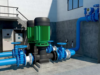 Fire Fighting Equipment System With Pumps Pipes Valves And Control Cabinet In Industrial Facility 3d model
