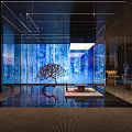 Modern Clubhouse Interior Design With Glass Partitions Lighting Fixtures And City Skyline View