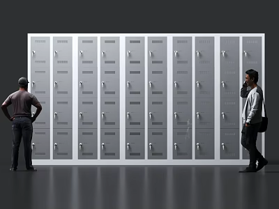 People Standing Near Modern Public Facility Lockers With Multiple Individual Storage Compartments 3d model