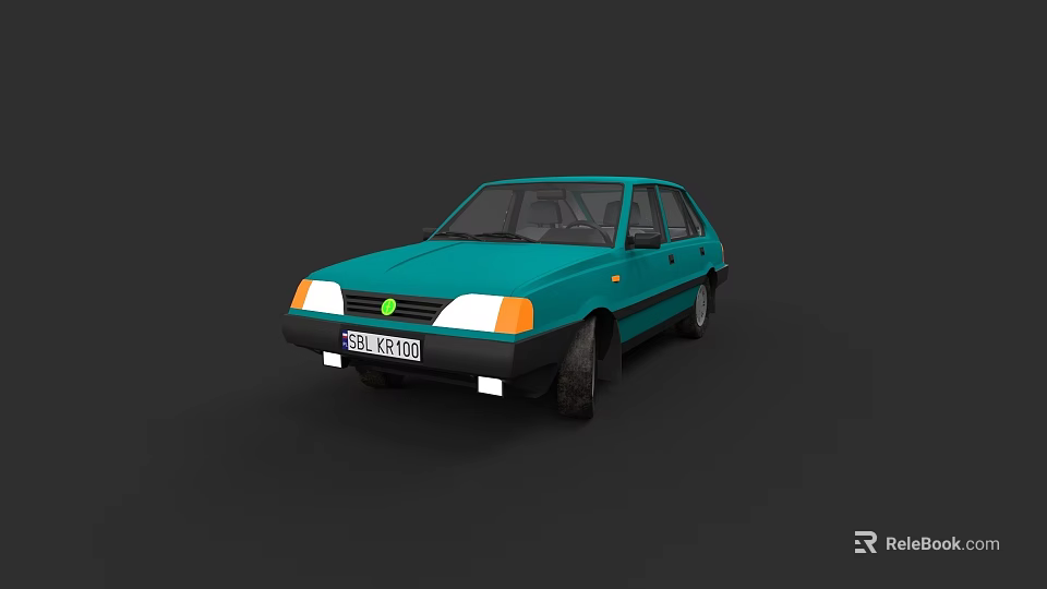 Green Four Door Vintage Sedan Car with White Headlights and License Plate 3d model 