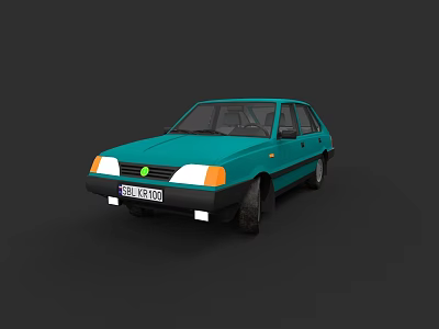 Green Four Door Vintage Sedan Car with White Headlights and License Plate 3d model