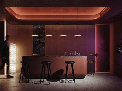 Elegant Modern Bar Interior With Wooden Counter High Stools And Warm Lighting 3d model