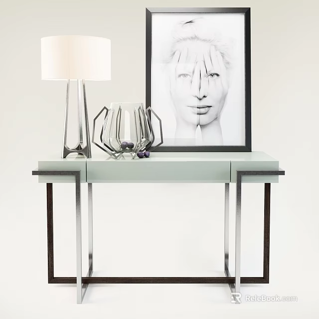 Modern Console Table With Glass Top Metal Frame Lamp And Artwork 3d model 