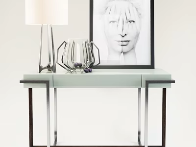 Modern Console Table With Glass Top Metal Frame Lamp And Artwork 3d model