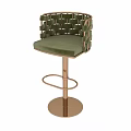 Elegant Green Velvet Bar Stool With Woven Backrest And Golden Metal Frame