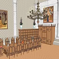Ancient Gothic Architecture Interior With Arched Ceilings Stained Glass Windows Chandeliers And Wooden Benches Murals