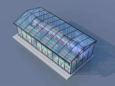 Transparent Glass Greenhouse Structure With Indoor Plant Growing Beds And Vegetation 3d model