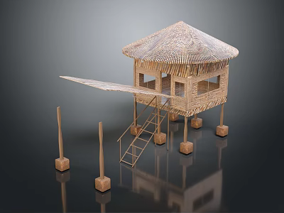 Stilted Rustic Wooden House With Thatch Roof Stairs And Platform Design 3d model