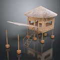 Stilted Rustic Wooden House With Thatch Roof Stairs And Platform Design