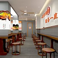 Modern Restaurant Interior With Wooden Stools Long Bar Counter Refrigerated Display Case And Menu Board
