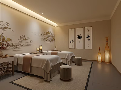 Chinese Style SPA Room With Massage Beds And Art Decor 3d model
