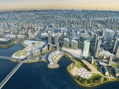 Aerial View of Modern Cityscape With River Parks Bridge and High Rise Buildings 3d model