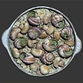 Snail Dish Served In Speckled White Bowl With Herbs And Vegetables