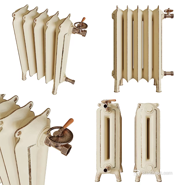 Vintage White Cast Iron Heating Radiators With Different Design Styles 3d model