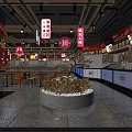Modern Restaurant Interior With Central Decorative Plant Counter Seating And Hanging Signs