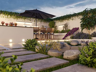 Outdoor Garden With Dining Umbrella Stone Paths Vines On Wall And Purple Flowers 3d model