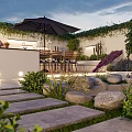 Outdoor Garden With Dining Umbrella Stone Paths Vines On Wall And Purple Flowers
