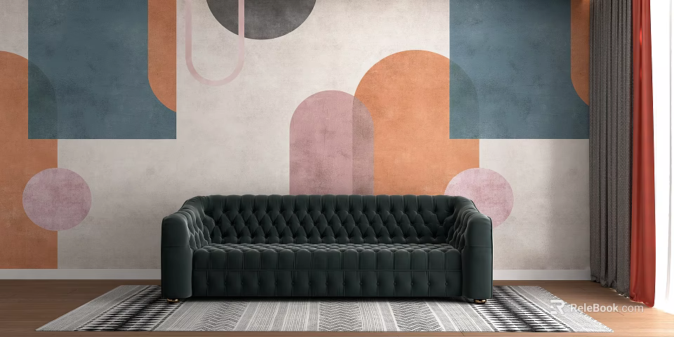 Tufted Green Velvet Multi Seater Sofa Against Abstract Geometric Wall With Patterned Rug 3d model 