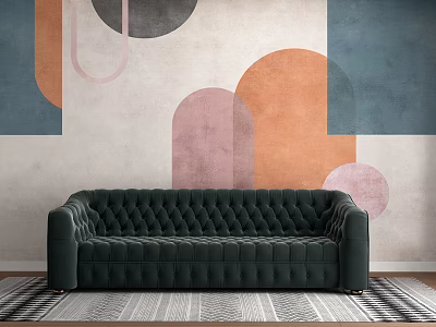 Tufted Green Velvet Multi Seater Sofa Against Abstract Geometric Wall With Patterned Rug 3d model