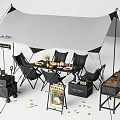 Modern Outdoor Picnic Table And Chairs Set With Tent Barbecue Grill And Wheeled Cart