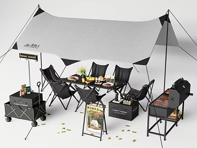 Modern Outdoor Picnic Table And Chairs Set With Tent Barbecue Grill And Wheeled Cart 3d model