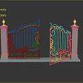 Elegant Ornate Iron Entrance Gate With Decorative Design And White Pillars