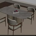 Modern Dining Table Set With Marble Top Wooden Legs Upholstered Chairs Books And Fruits On Table