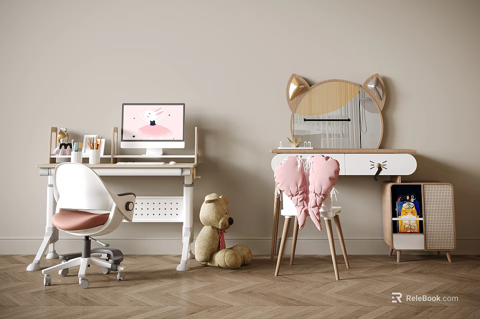 Modern Children's Desk With White Computer Chair Teddy Bear And Cat Ear Mirror 3d model 