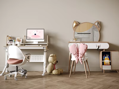 Modern Children's Desk With White Computer Chair Teddy Bear And Cat Ear Mirror 3d model