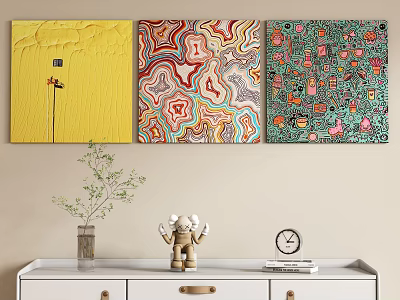 Abstract Paintings With Yellow Textured Colorful Wavy Green Motif Patterns Hanging Above White Cabinet 3d model